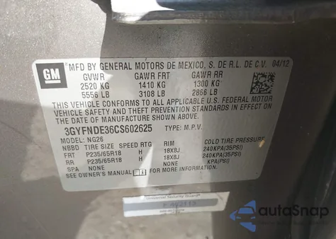 2012 Cadillac Srx Luxury Collection from USA, damaged, VIN 3GYFNDE36CS602625